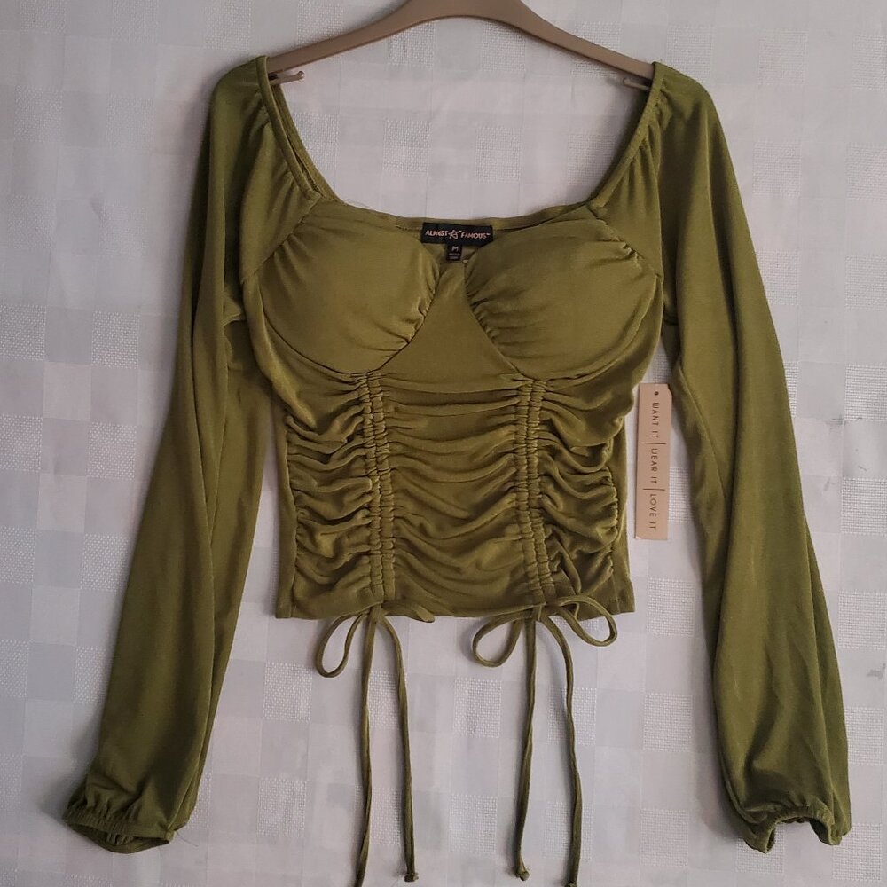 Super Soft Ruched Corset Crop Top Long Balloon Sleeves Open Back Drawstrings MED